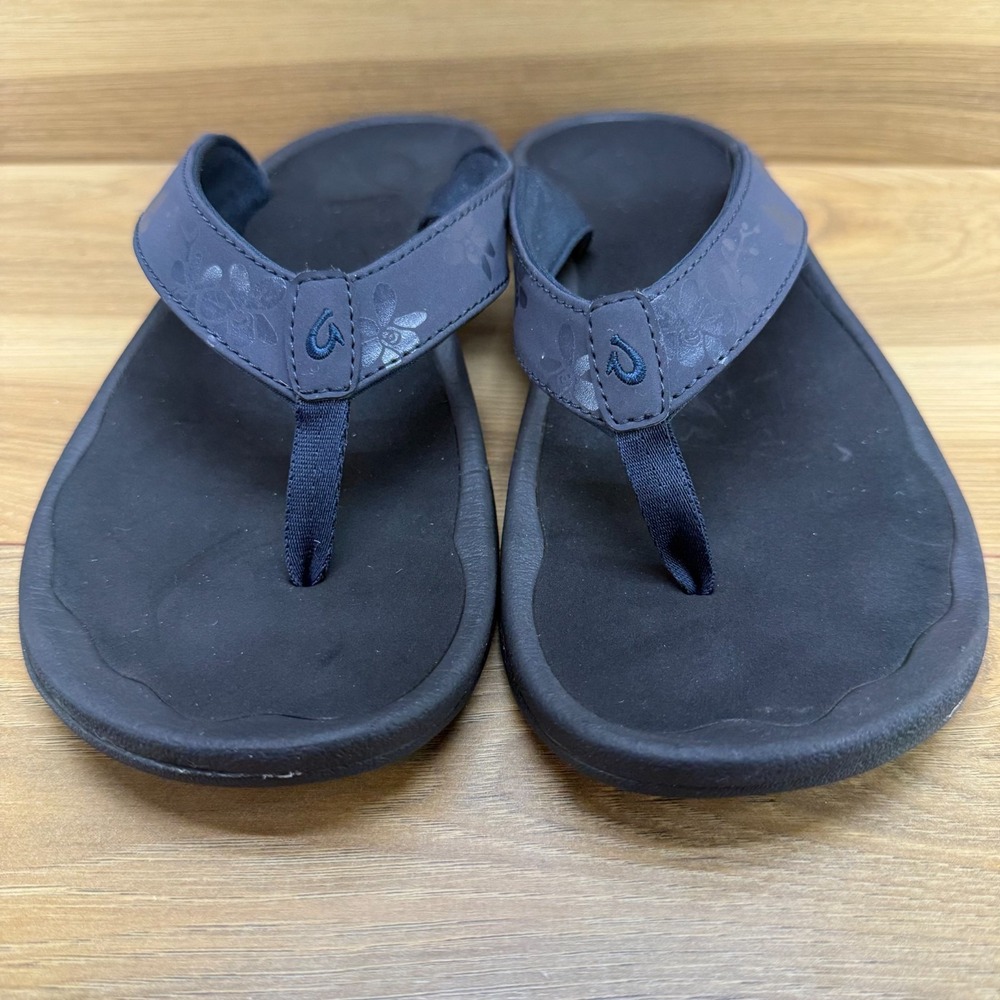 Olukai Ohana Flip Flops Womens 10 Blue Floral Thong Sandals Travel Casual - Picture 4 of 10